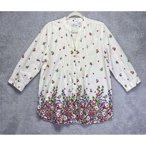 Vermont Country Store Womens Large Floral Button Down Top V Neck Boho Peasant